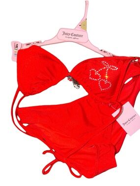 SMALL Juicy Couture Bright Red Rhinestone Bikini with Heart Detail